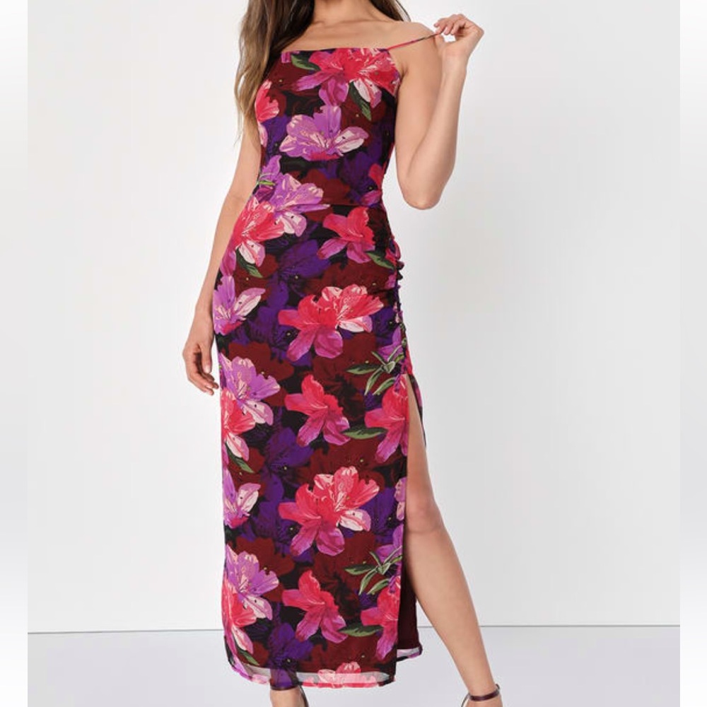 Lulus Fancy Florals Burgundy Midi Dress